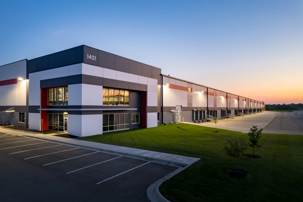 exterior of industrial building at sunset